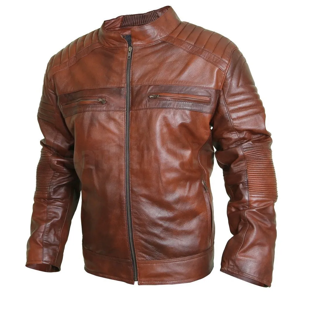 Flamboyant Clay Leather Jacket with Mandarin Collar