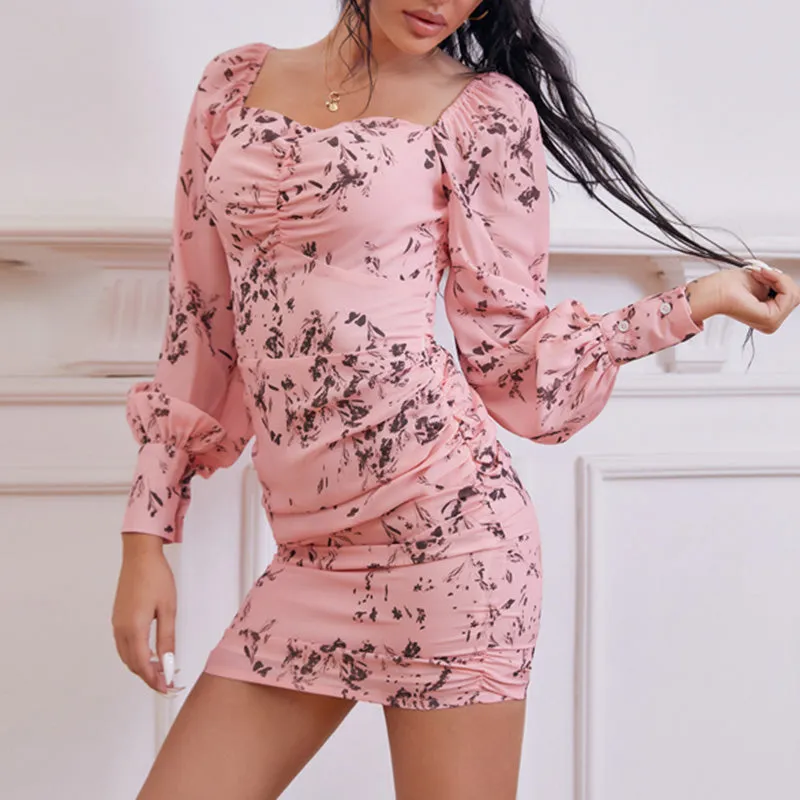 Floral Long Sleeve Square Neck Ruched Bodycon Dress