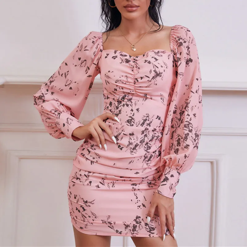 Floral Long Sleeve Square Neck Ruched Bodycon Dress