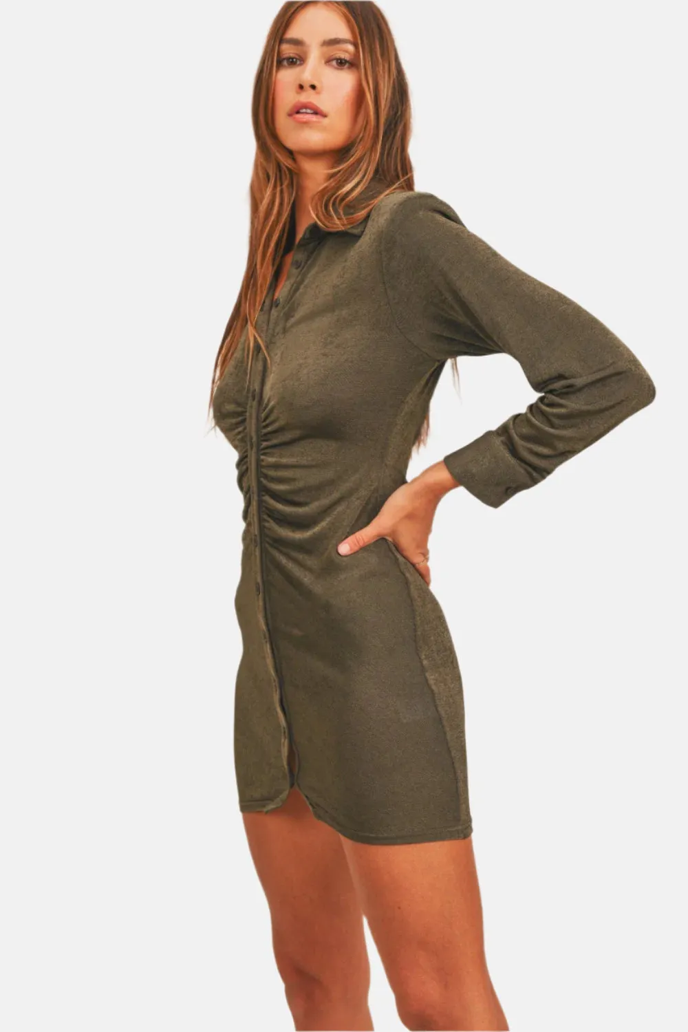 Front Ruched Button-Down Skinny Mini Shirt Dress Dark Olive