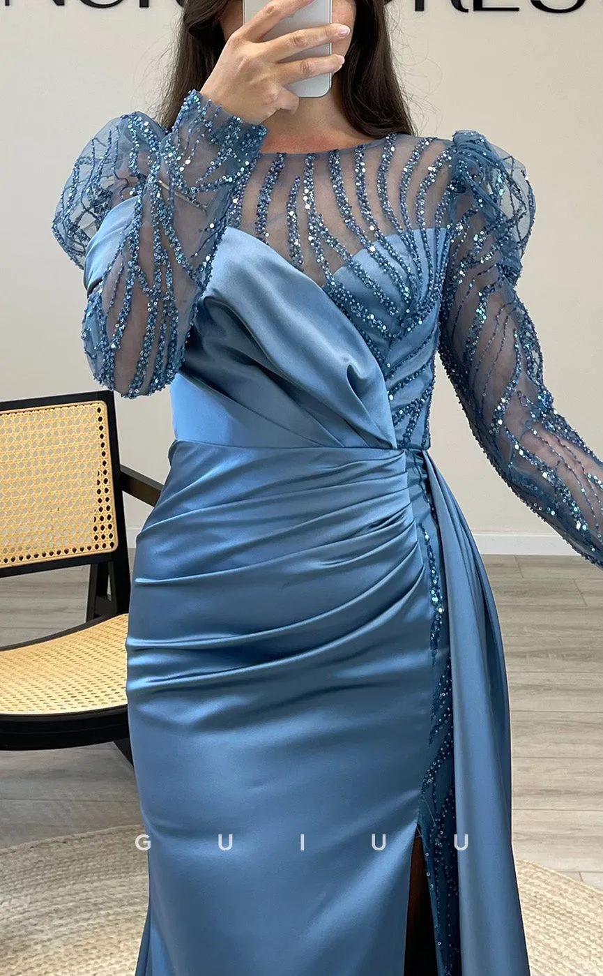 G3525 - Classic & Timeless Sheath Illusion Bateau Long Sleeves Sequined High Side Slit Draped Party Gown Prom Dress With Sweep Train