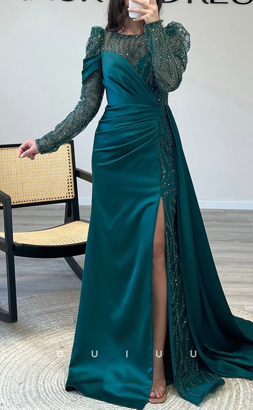 G3525 - Classic & Timeless Sheath Illusion Bateau Long Sleeves Sequined High Side Slit Draped Party Gown Prom Dress With Sweep Train