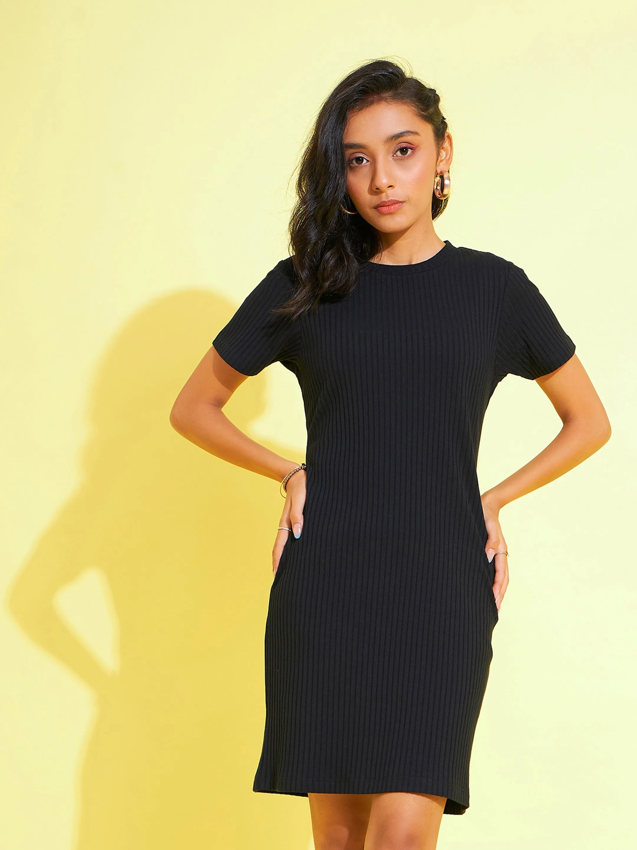 Girls Black Rib Round Neck Bodycon Dress - Lyush Kids