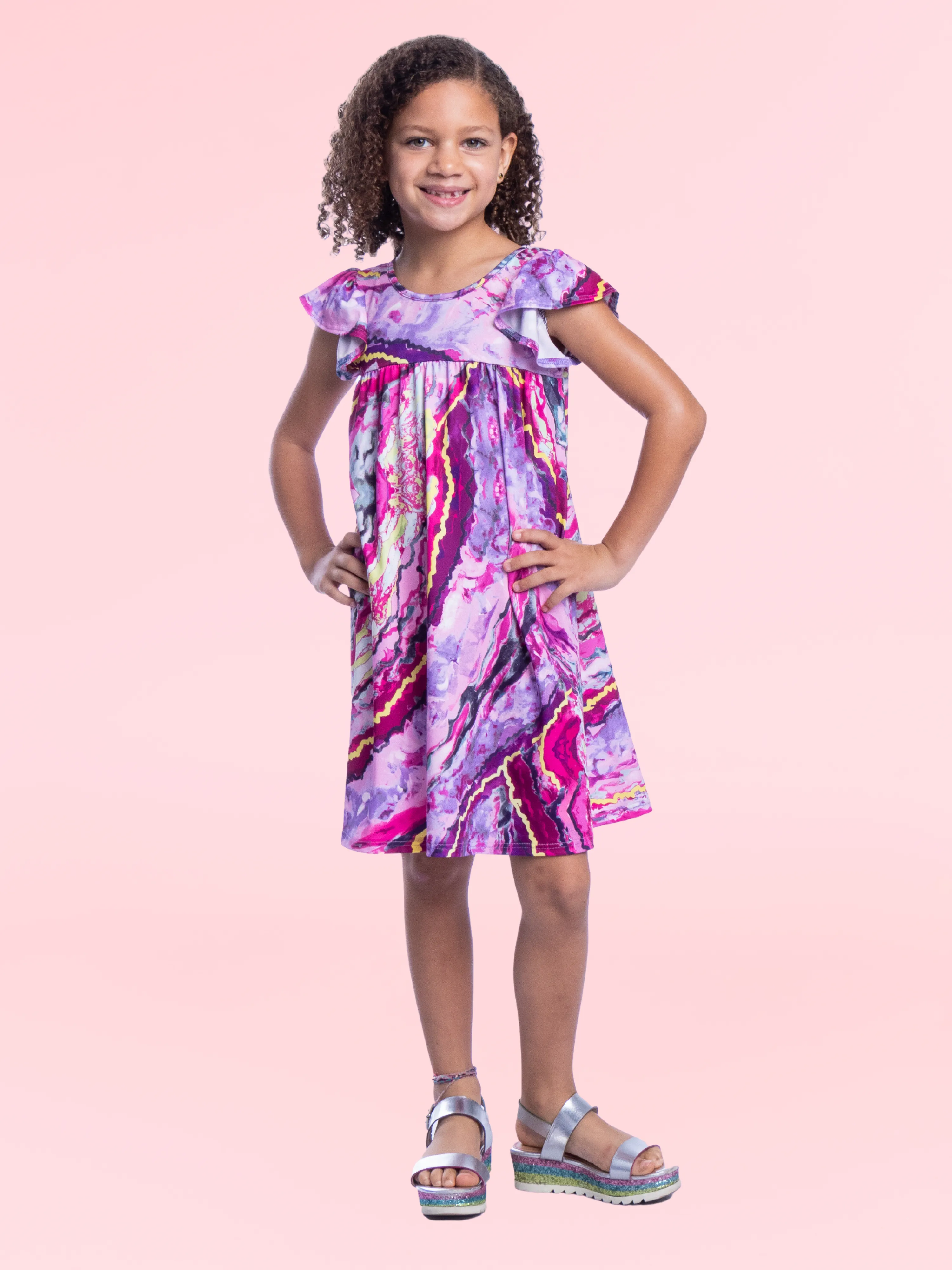 Girls Pink Print Babydoll Knee Length Girls Dress