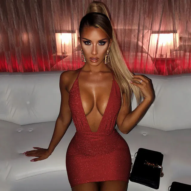 Glitter Sequin Women Strap Mini Dress Deep V Neck Lace Up Bandage Backless Bodycon Dress