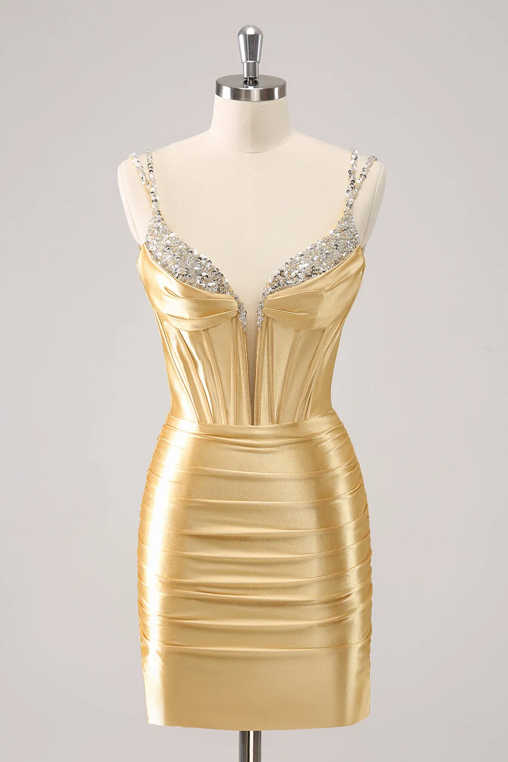 Gorgeous Golden Spaghetti Straps Corset Short Tight Metallic Homecoming Dress with Sequins