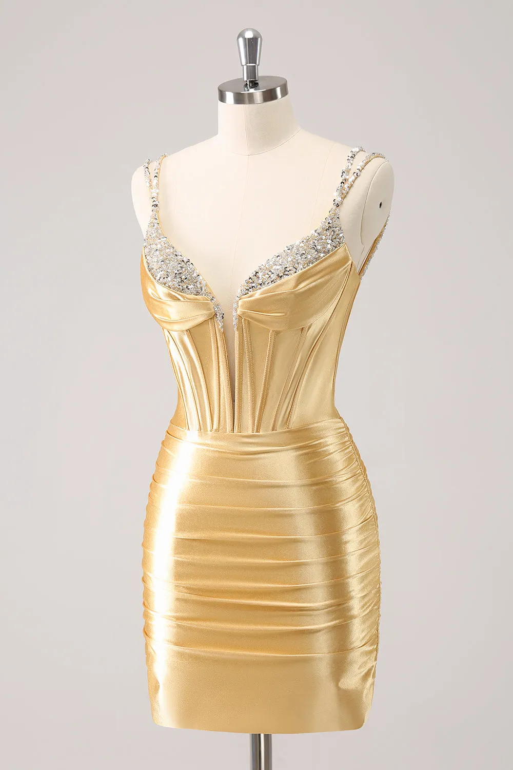 Gorgeous Golden Spaghetti Straps Corset Short Tight Metallic Homecoming Dress with Sequins