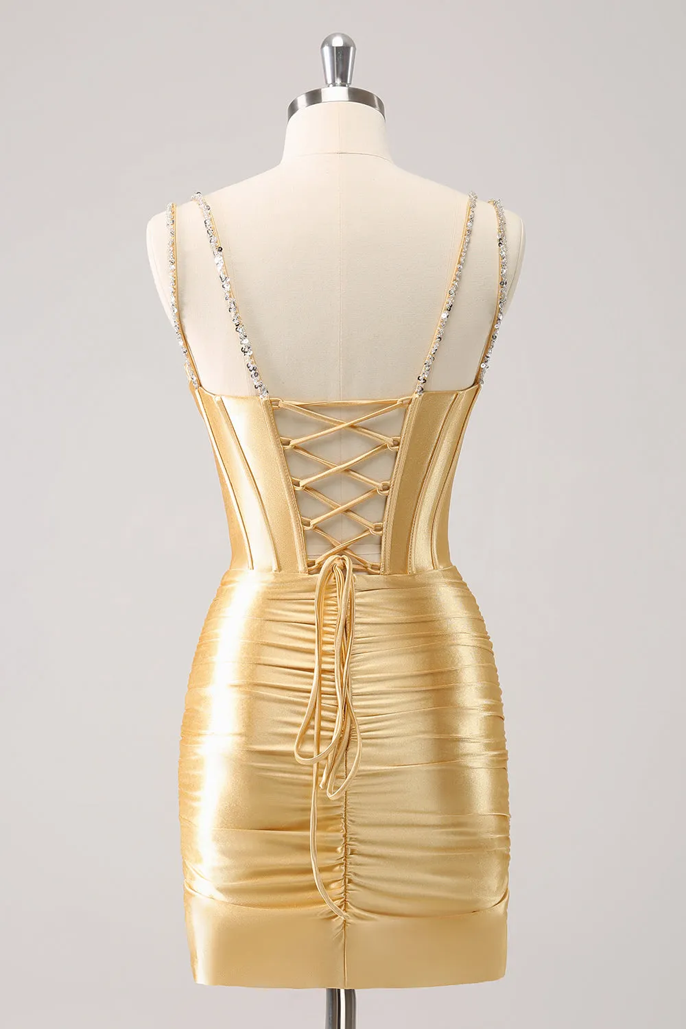 Gorgeous Golden Spaghetti Straps Corset Short Tight Metallic Homecoming Dress with Sequins