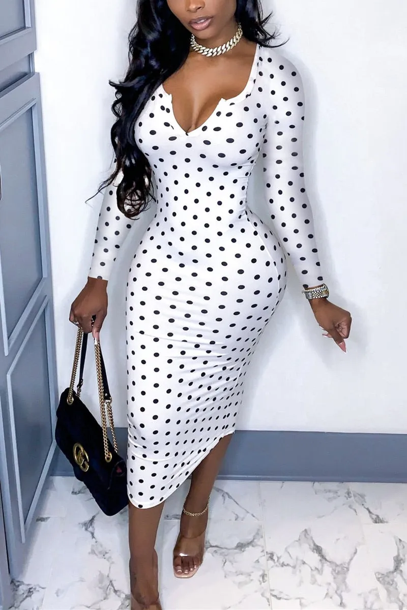 Graduation Gifts Sexy Deep V Low Cut Bodycon Midi Dress Vintage Women Polka Dot Sheath Dress Office Lady Skinny Long Sleeve Dress Autumn Spring