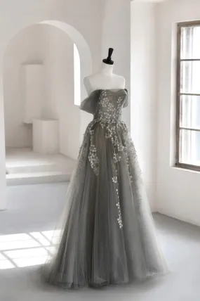 Gray Tulle Lace Long Prom Dress, A-Line Off the Shoulder Evening Dress