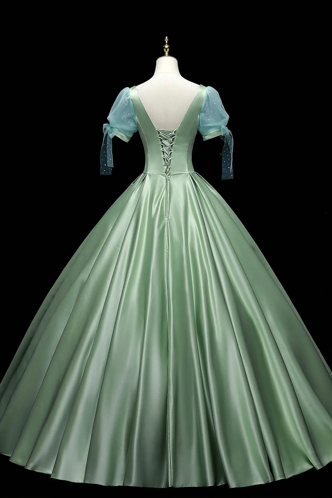 Green Satin Long A-Line Ball Gown, Short Sleeve Green Formal Evening Dress