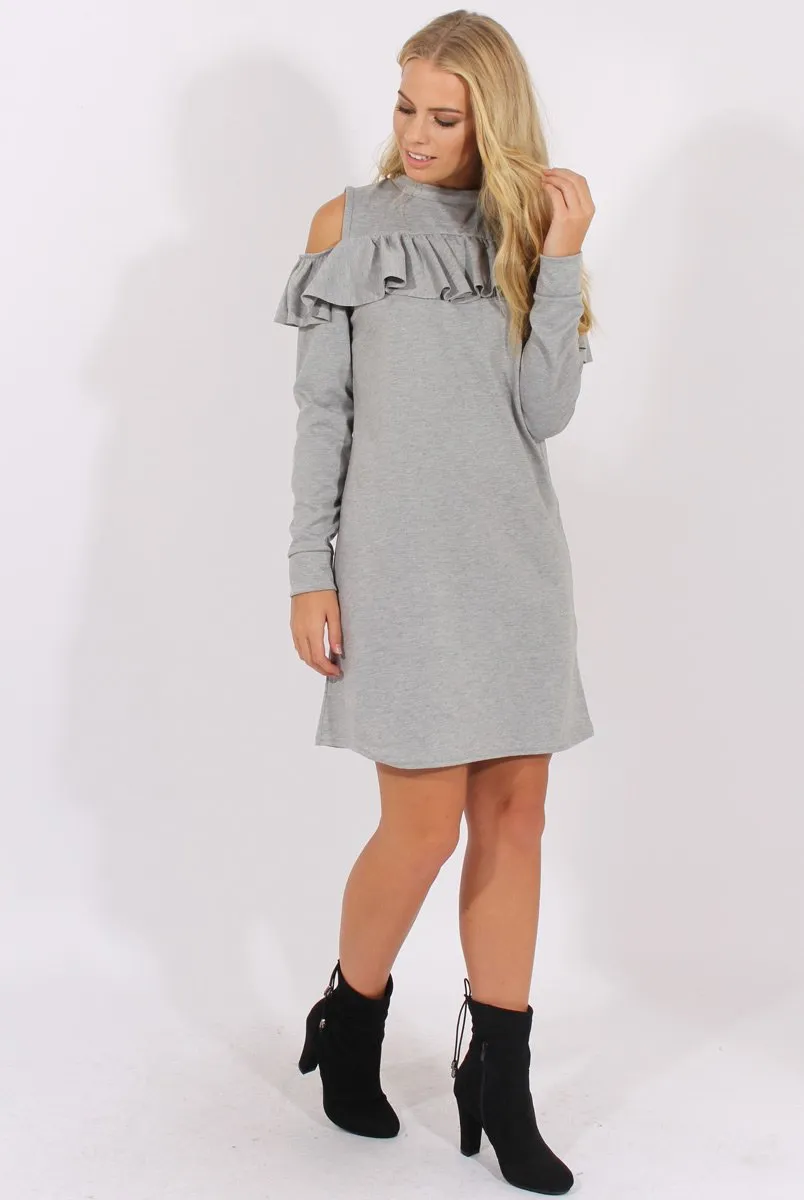 Grey Cold Shoulder Frill Layer Swing Dress - Megan