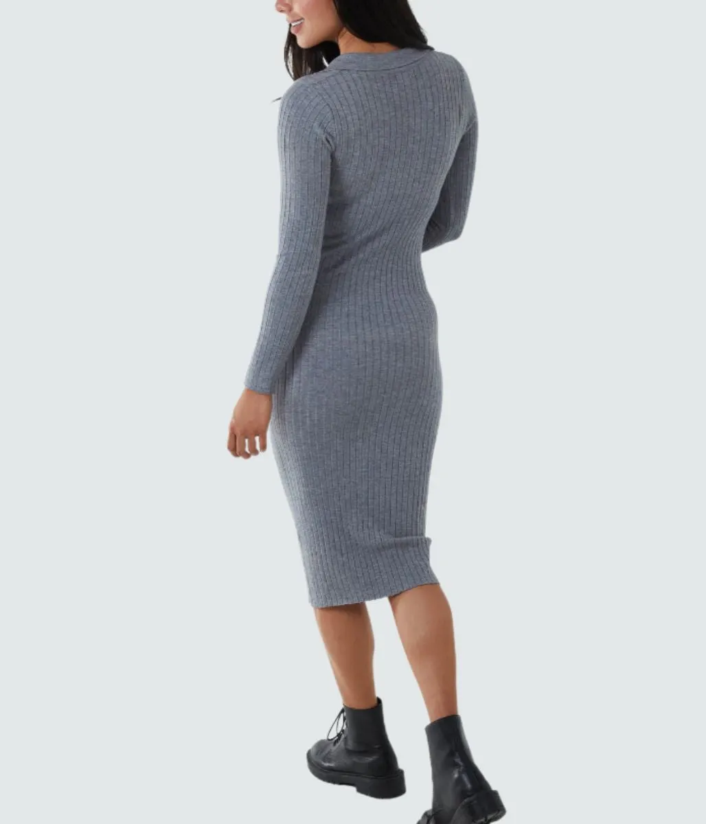 Grey Ribbed Collar Knitted Midi Dress