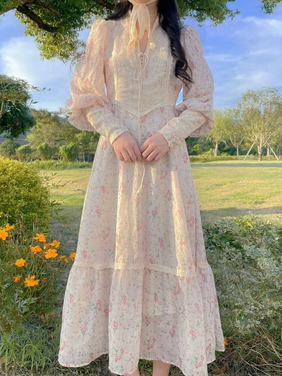 Gunne sax Replica 70s Floral Puff Sleeves Prairie Dress