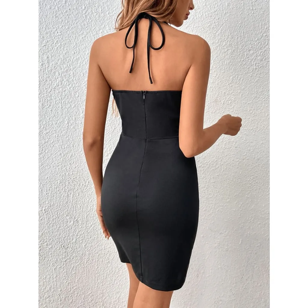 Halter Neck Contrast Stitch Push-Up Bustier Bodycon Dress