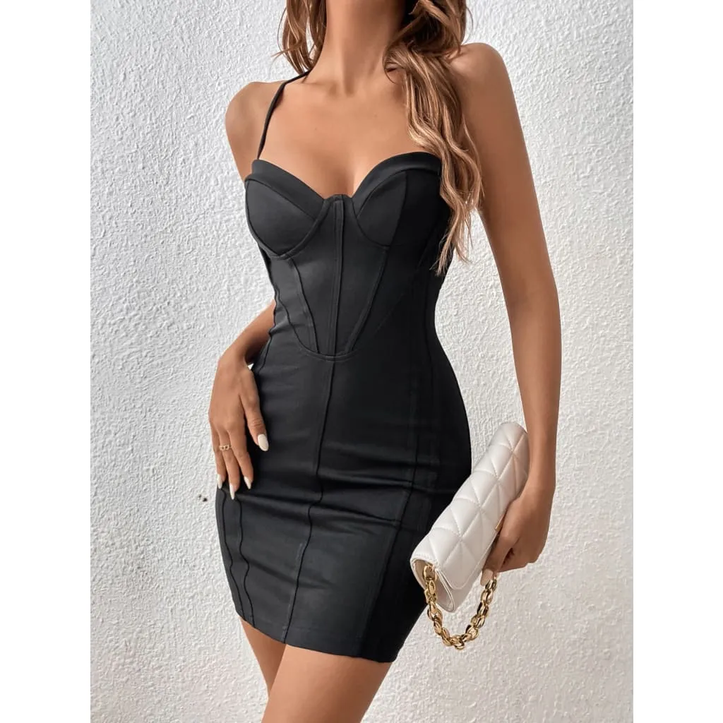 Halter Neck Contrast Stitch Push-Up Bustier Bodycon Dress