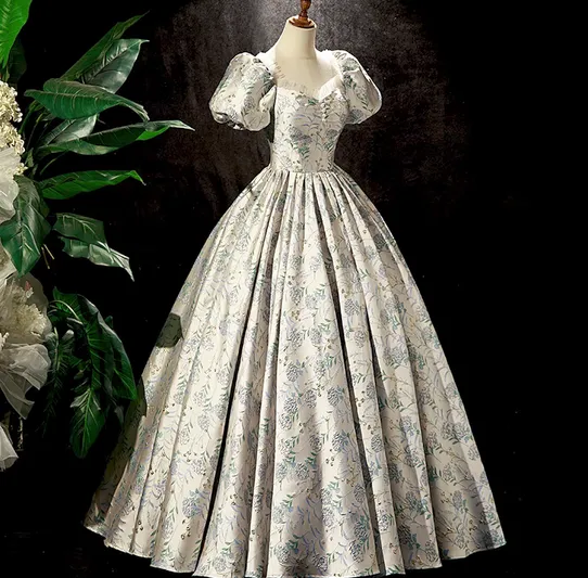 Handmade Princess Puff Sleeves Floral Prom Dress