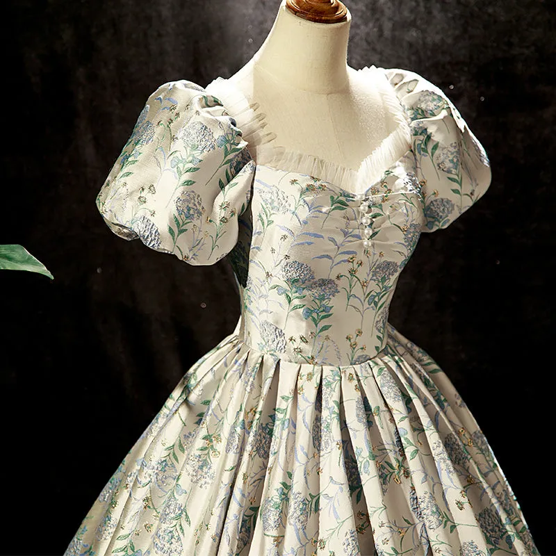 Handmade Princess Puff Sleeves Floral Prom Dress