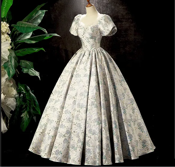 Handmade Princess Puff Sleeves Floral Prom Dress