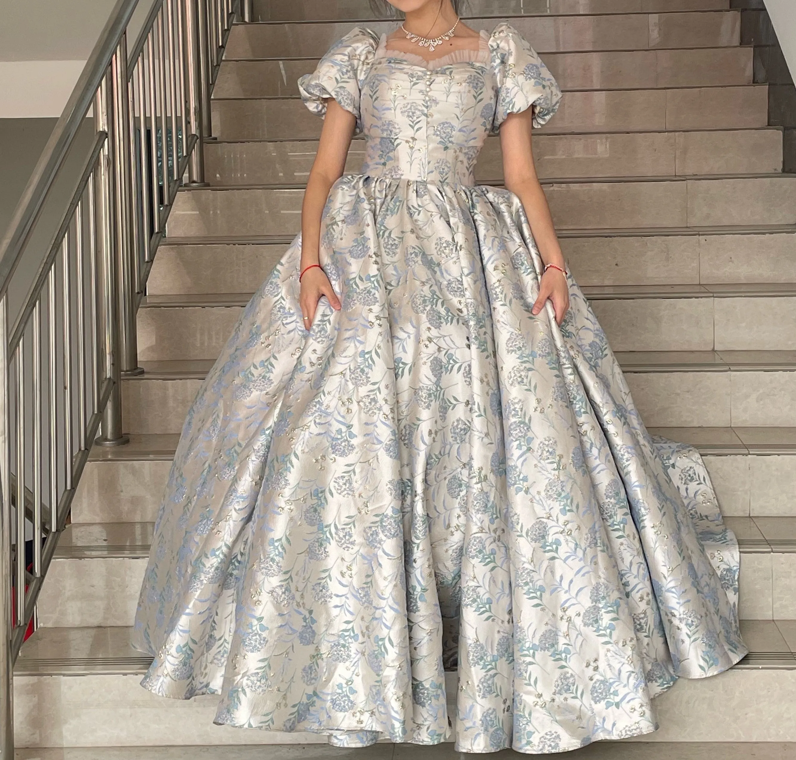 Handmade Princess Puff Sleeves Floral Prom Dress