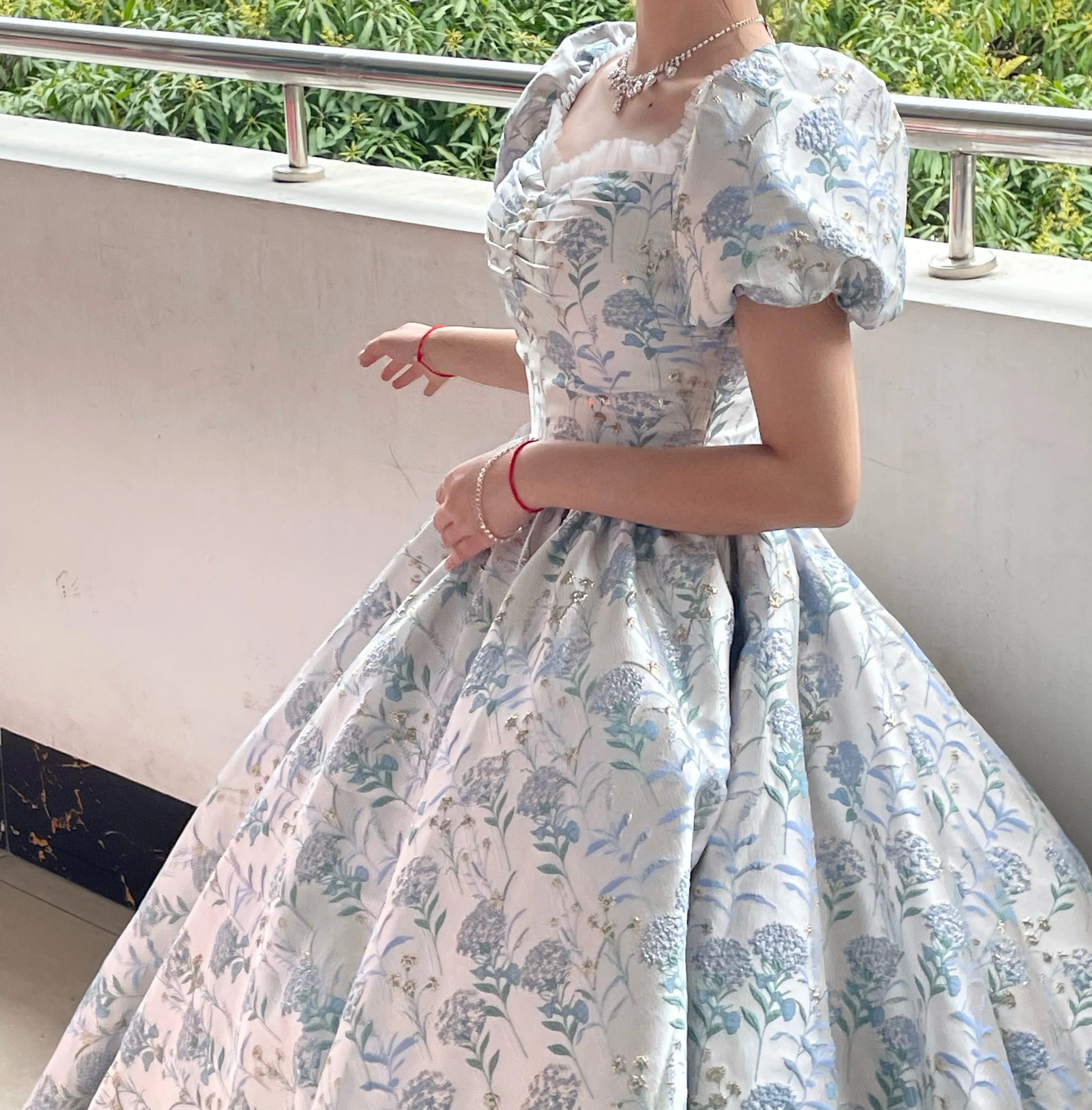 Handmade Princess Puff Sleeves Floral Prom Dress