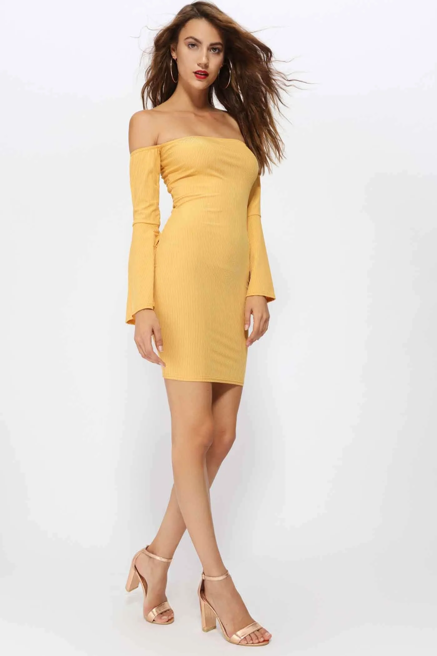 Honeydew Off Shoulder Flute Sleeve Bodycon Dress