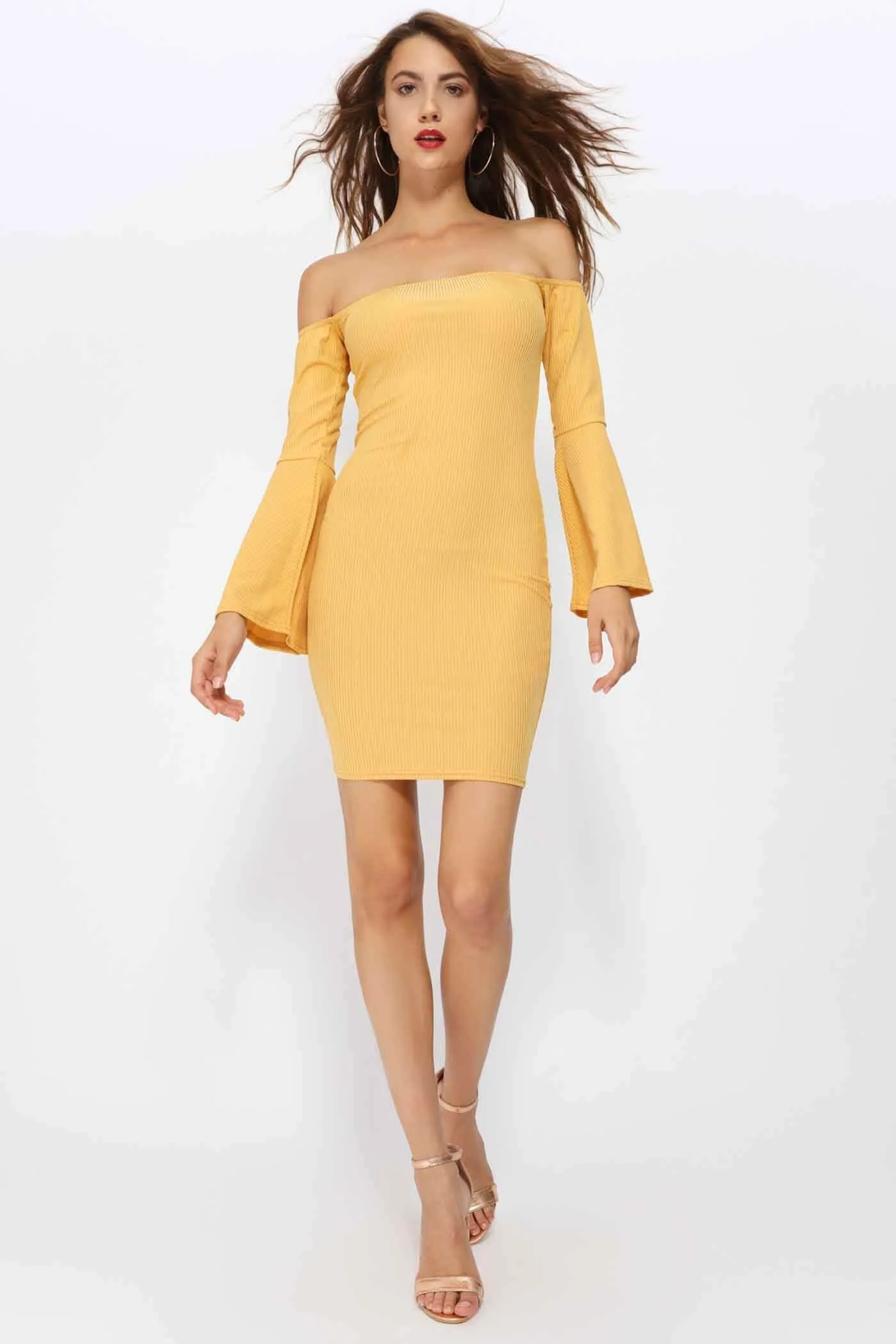 Honeydew Off Shoulder Flute Sleeve Bodycon Dress