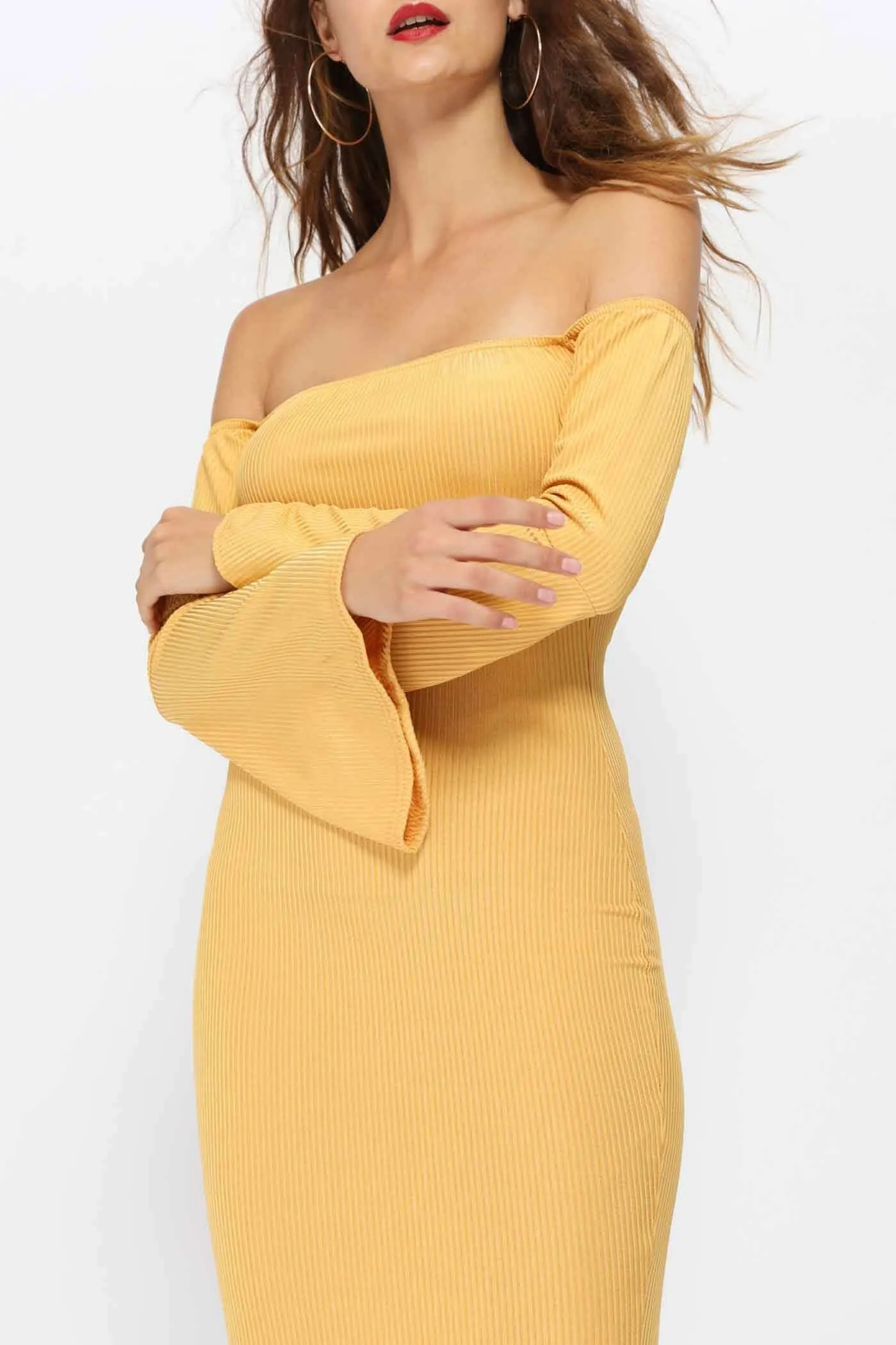 Honeydew Off Shoulder Flute Sleeve Bodycon Dress