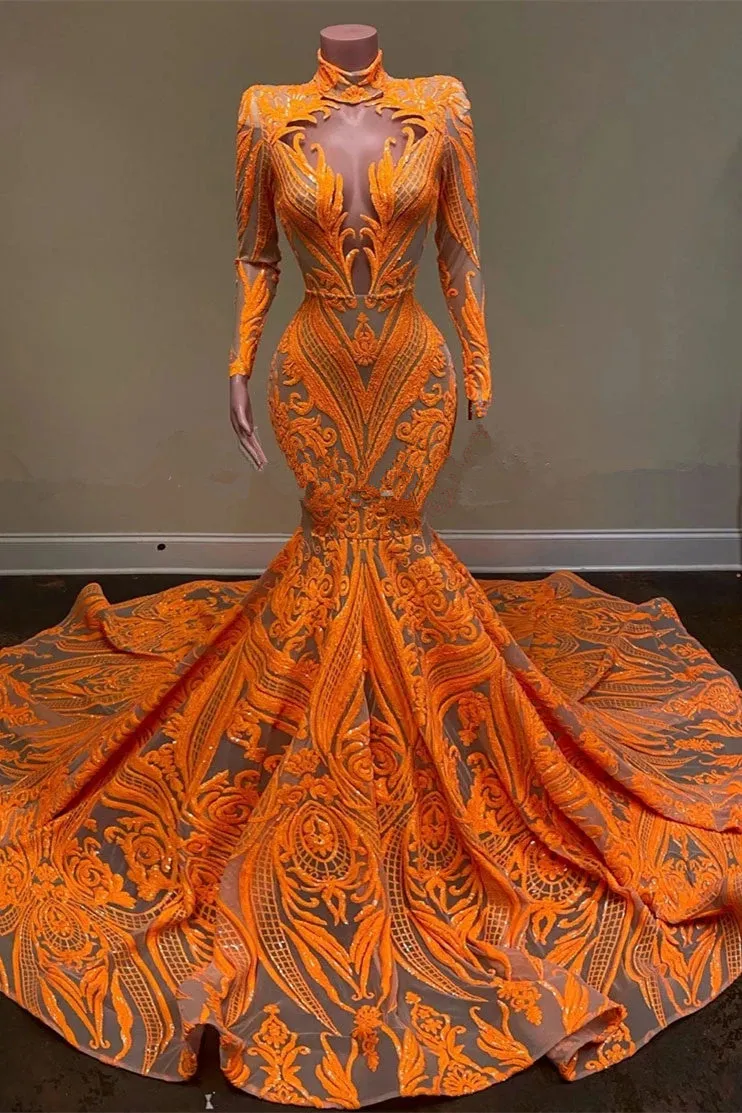 Hot Orange High neck Long Sleeves Mermaid Sequin Prom Dresses