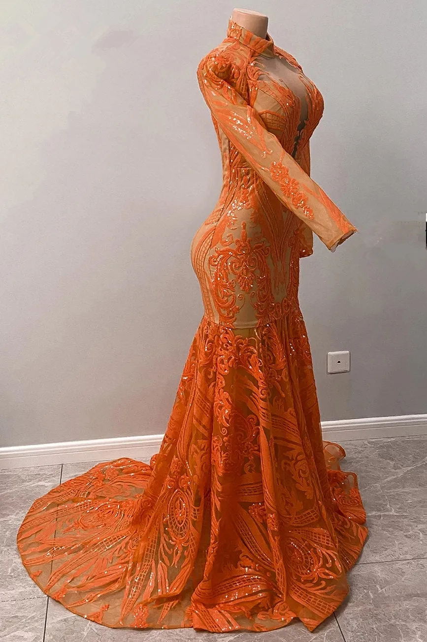 Hot Orange High neck Long Sleeves Mermaid Sequin Prom Dresses