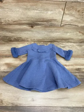 Janie & Jack Country Blue Floral Jacquard Faux Fur Cuff Dress sz 18-24m