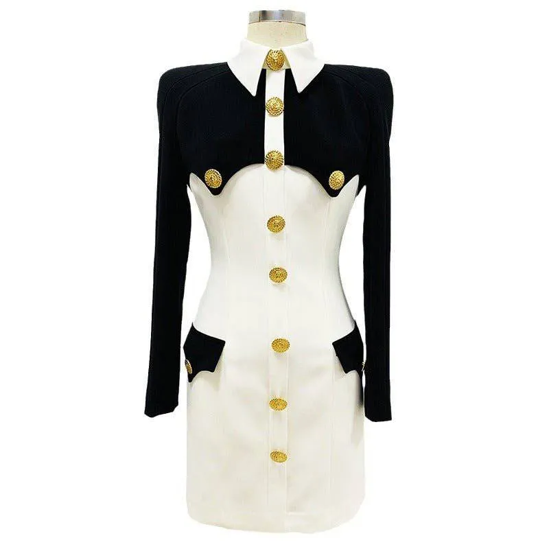 Jaycee Long Sleeve Gold Buttons Detail Two Toned Mini Dress