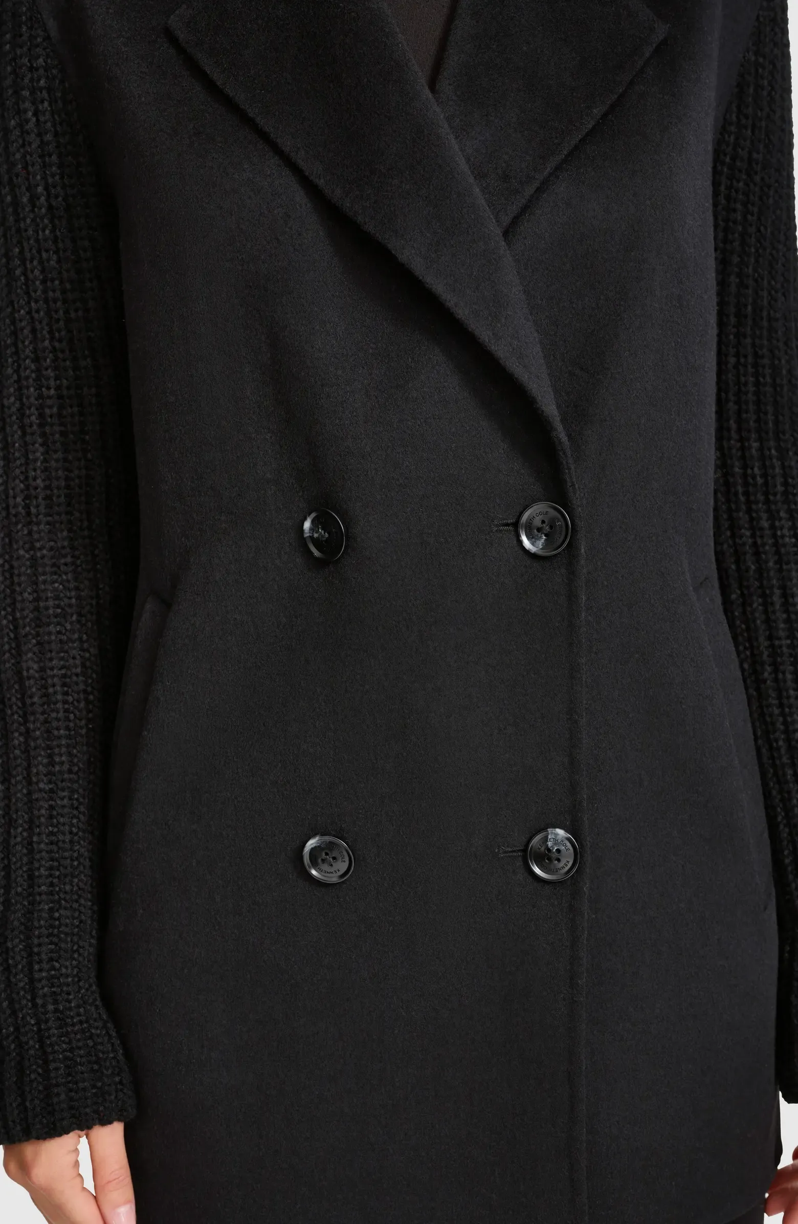 Kenneth Cole Double Breasted Double Face Wool Peacoat with Shaker Knit Sleeves - Black