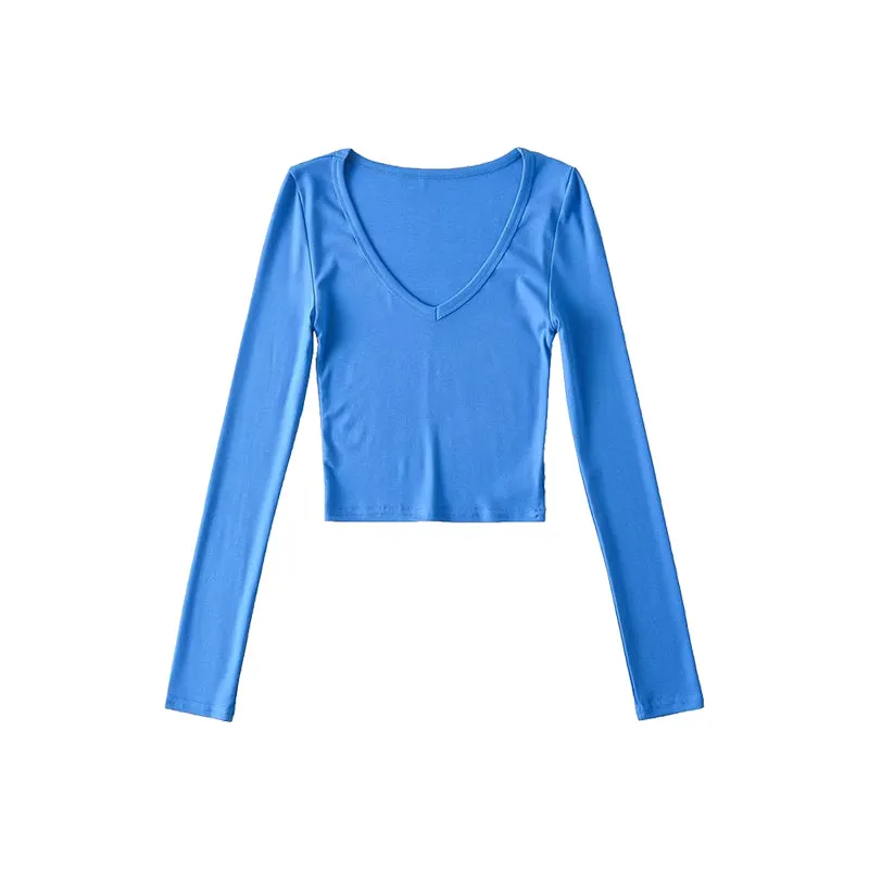 Kiana Solid Color V-neck Slim Long Sleeve Cropped Top