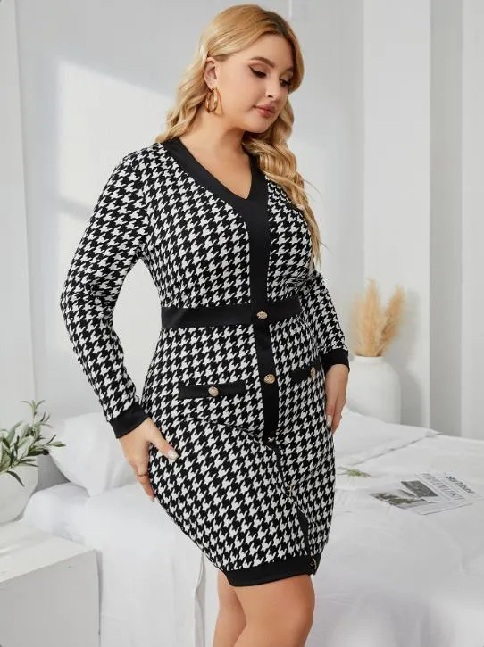 KittenAlarm - Plus Houndstooth Fake Button Bodycon Dress