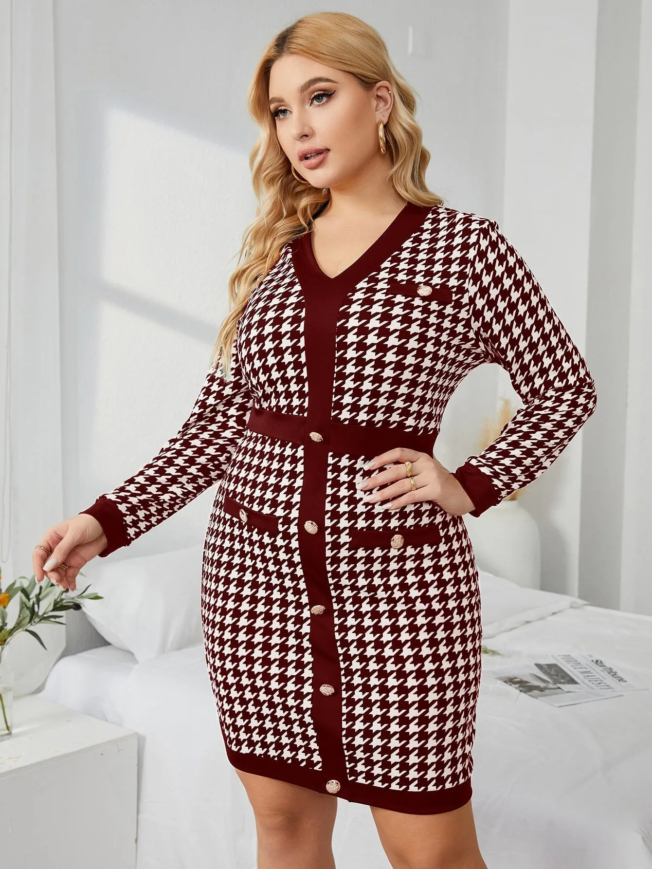 KittenAlarm - Plus Houndstooth Fake Button Bodycon Dress