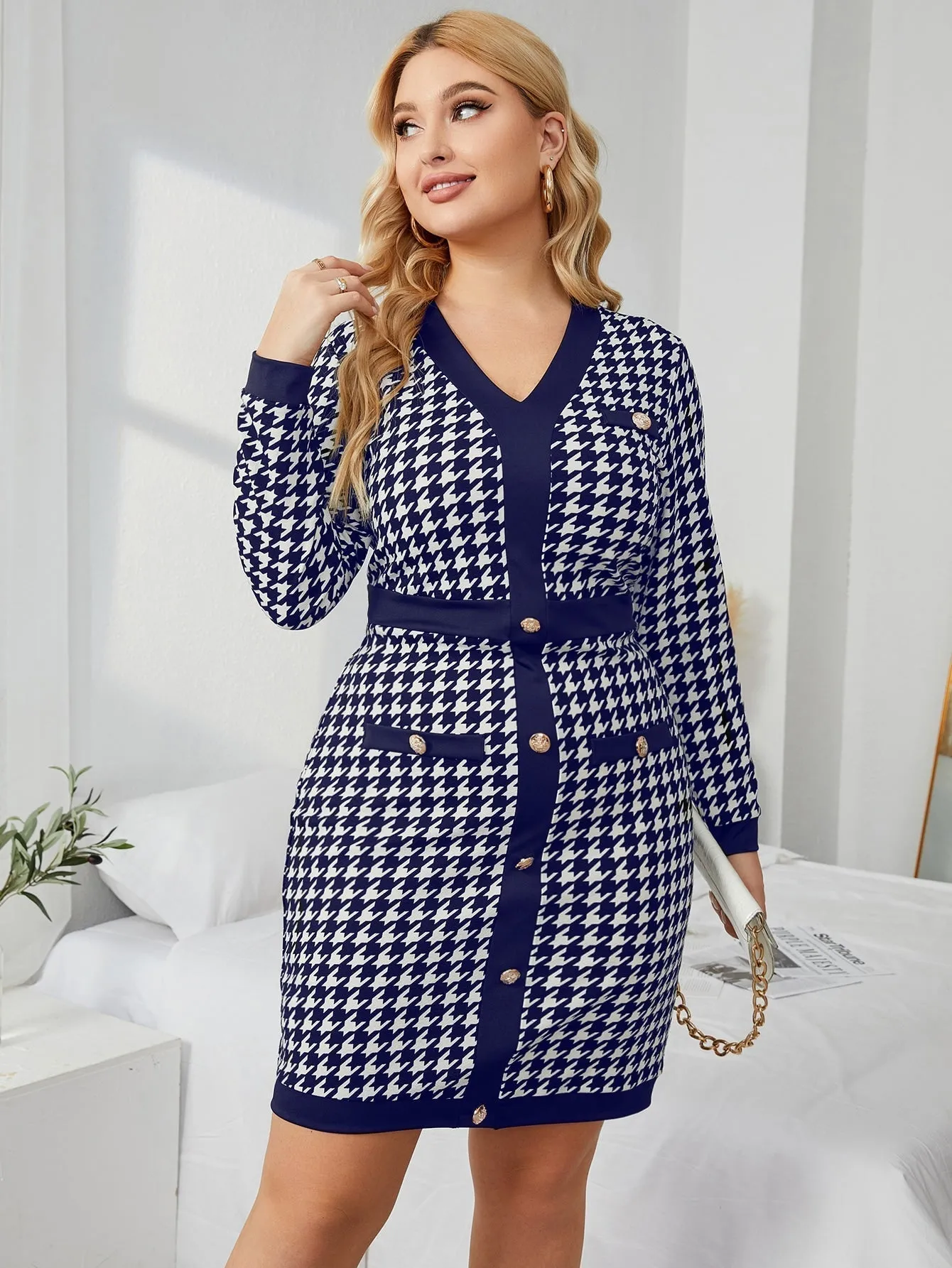 KittenAlarm - Plus Houndstooth Fake Button Bodycon Dress