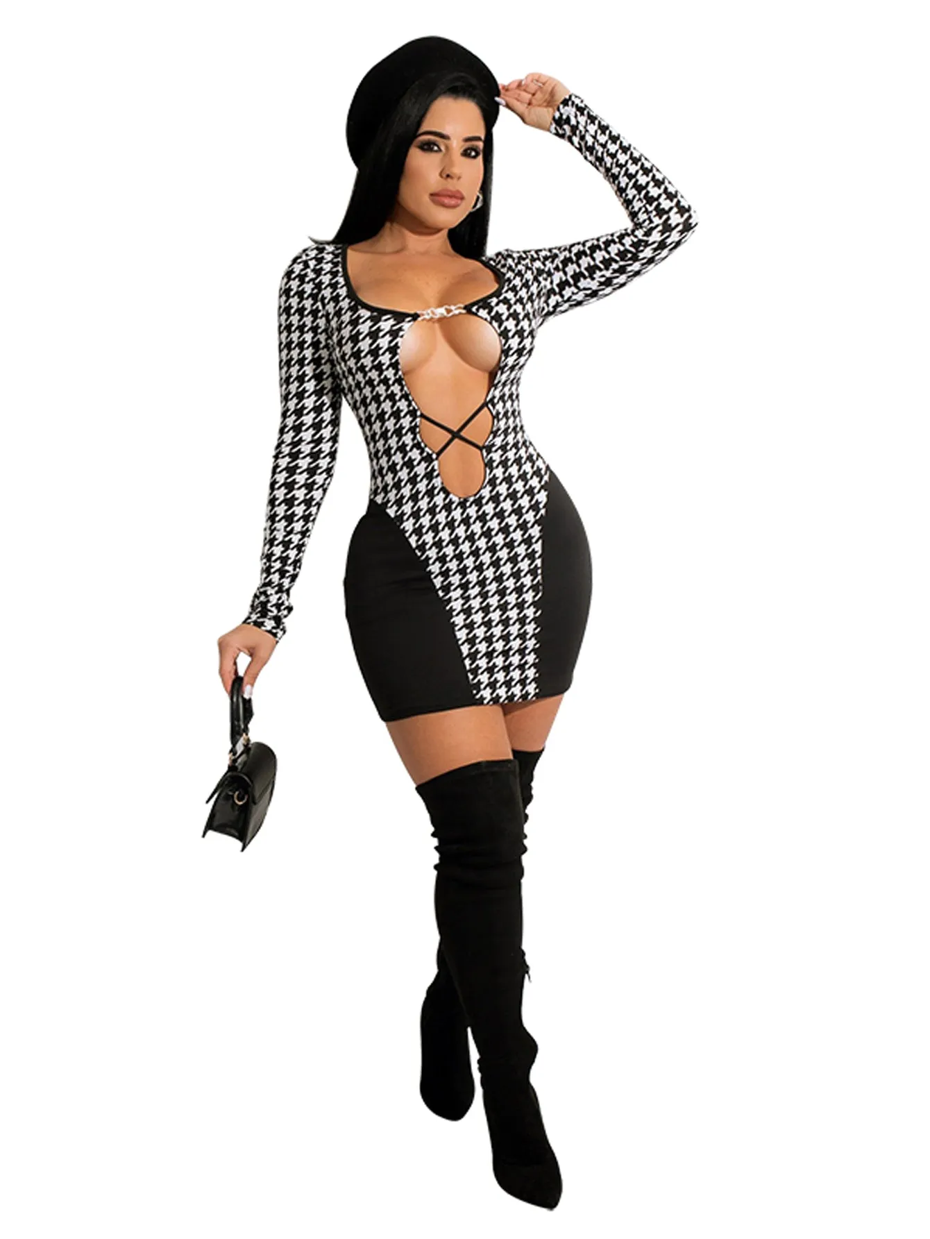 KittenAlarm - Plus Size Houndstooth Cut Out Front Bodycon Dress