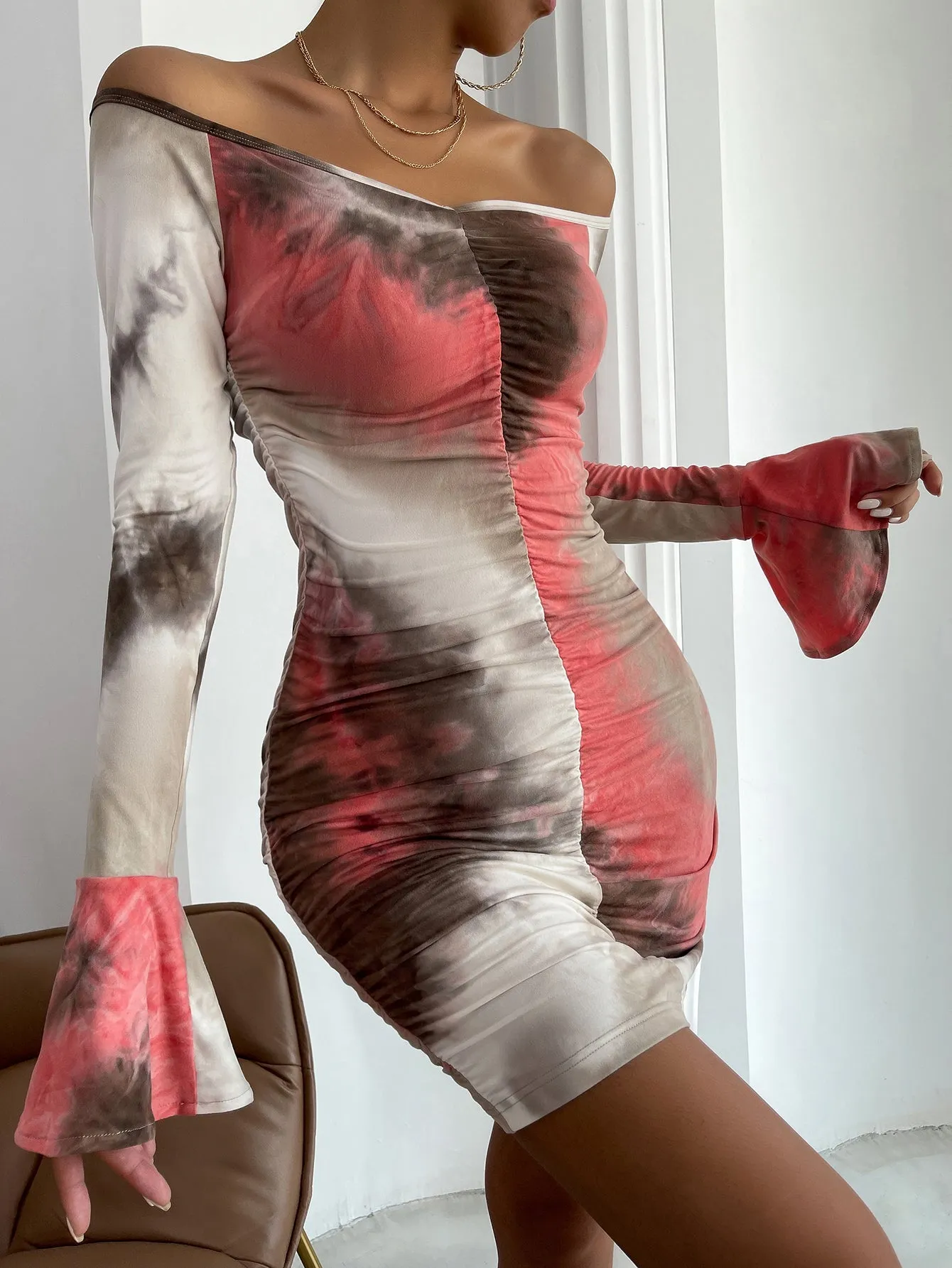 KittenAlarm - Tie Dye Off Shoulder Flounce Sleeve Ruched Bodycon Dress