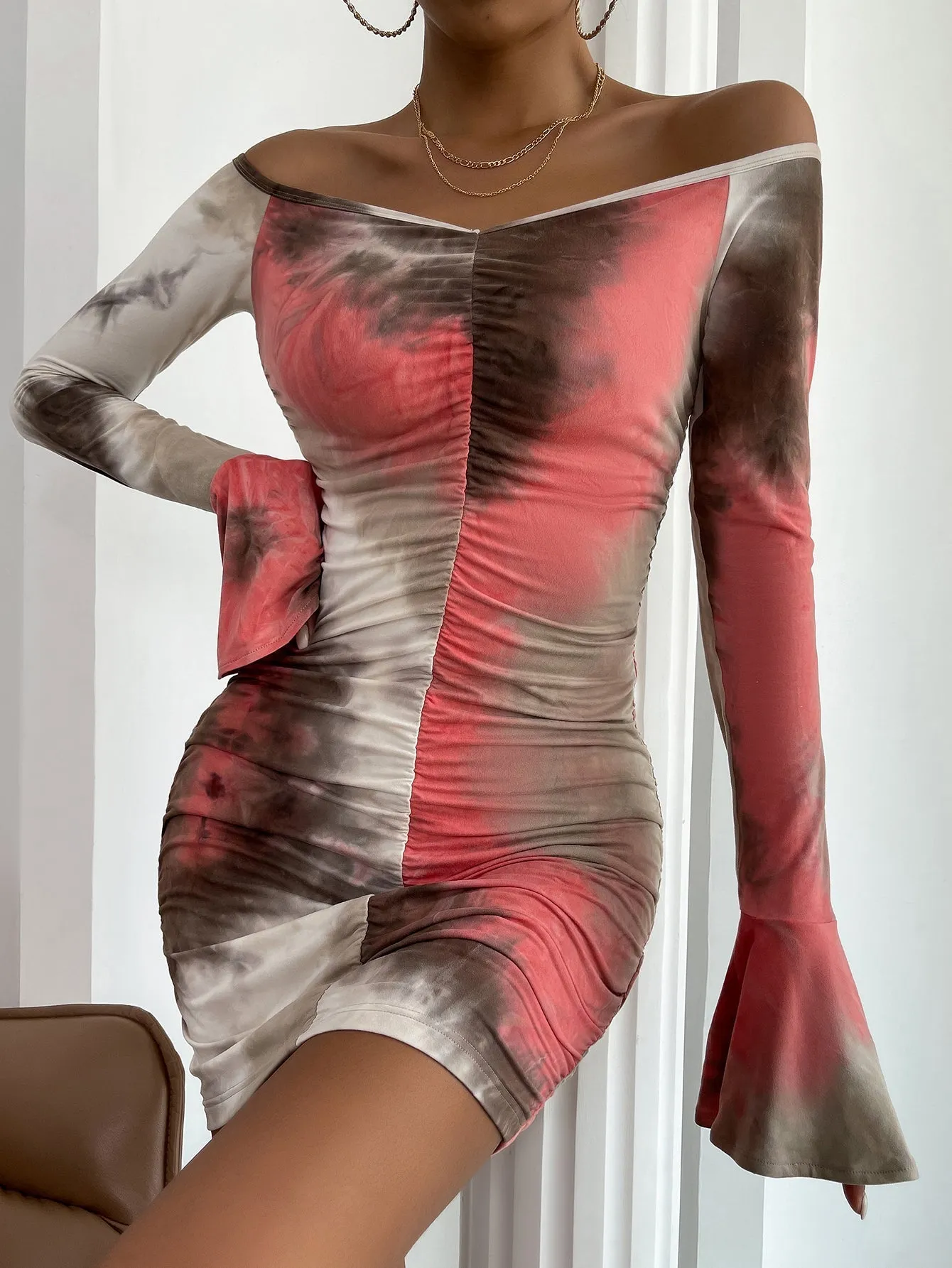 KittenAlarm - Tie Dye Off Shoulder Flounce Sleeve Ruched Bodycon Dress