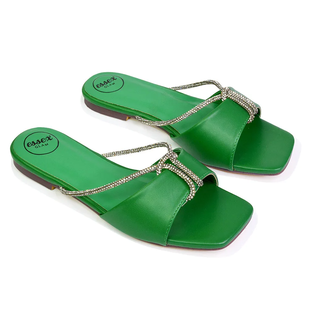 Leah Diamante Flat Sandals Square Toe Slip on Slider Mule Shoes in Green