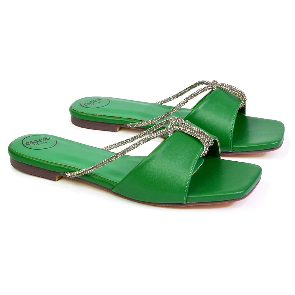 Leah Diamante Flat Sandals Square Toe Slip on Slider Mule Shoes in Green