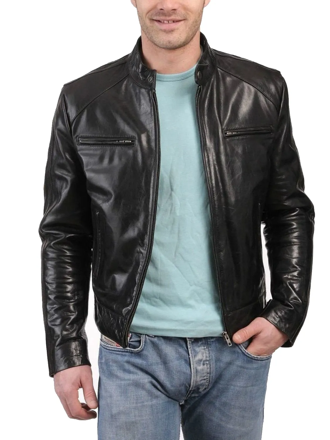 Leather Jackets Hub Mens Genuine Lambskin Leather Jacket (Black, Classic Jacket) - 1501198