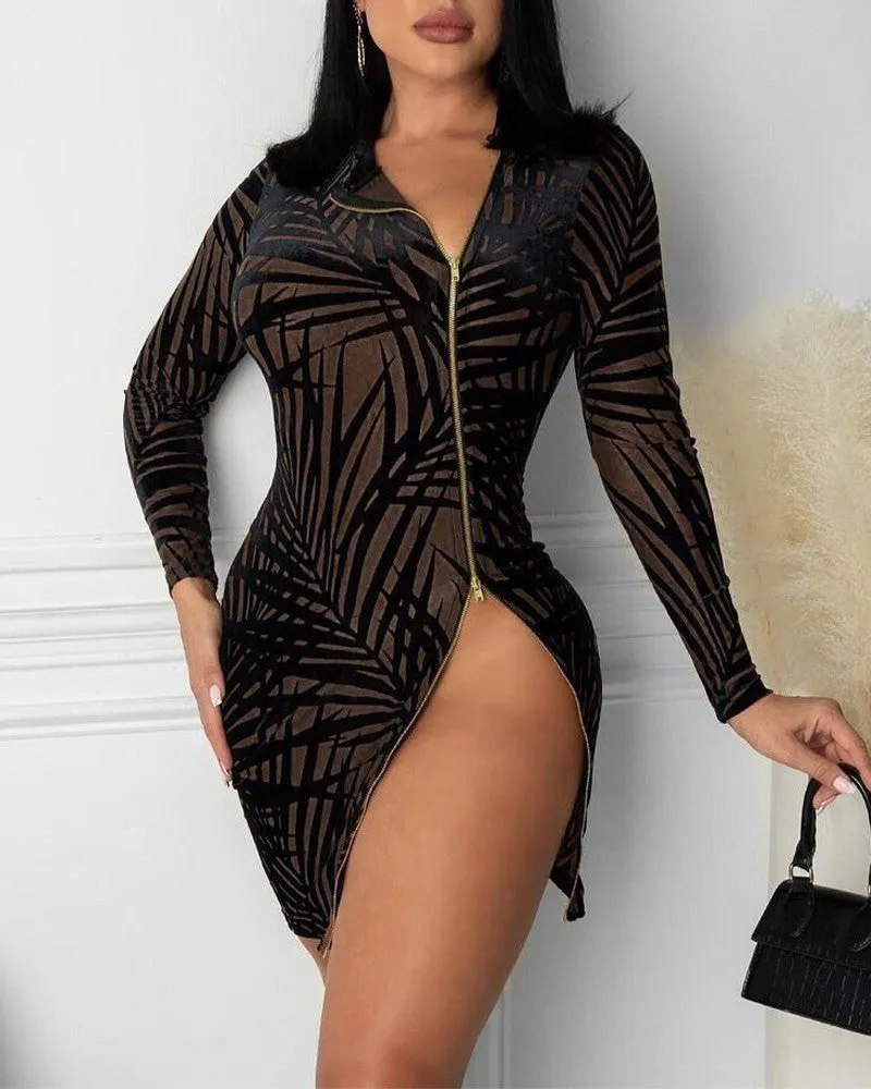 Leaves Print Zipper Up Long Sleeve Bodycon Dress