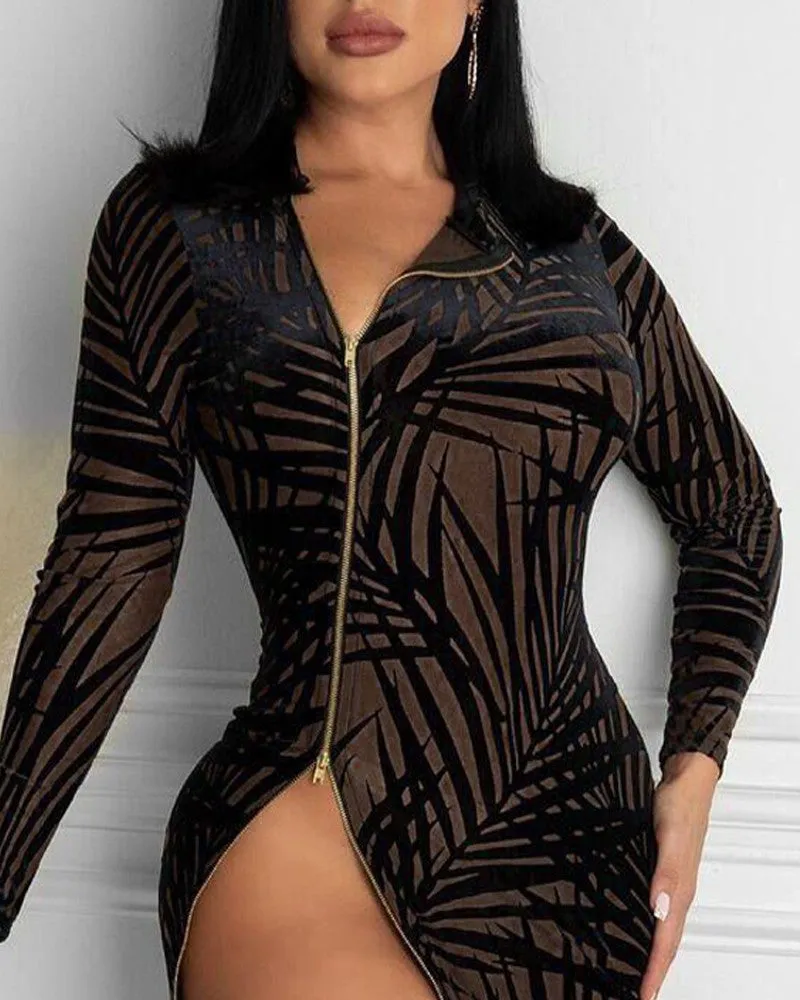 Leaves Print Zipper Up Long Sleeve Bodycon Dress