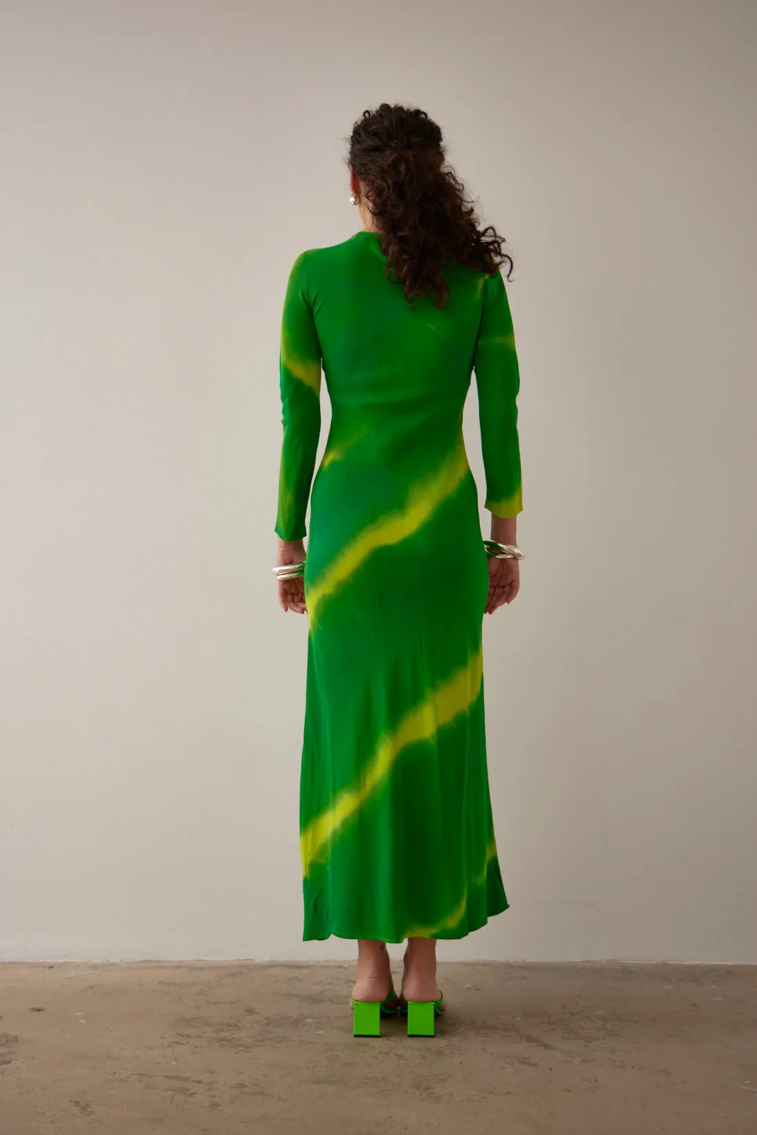 LEONG LONG SLEEVE DRESS- GREEN HAND PAINTED SILK SATIN