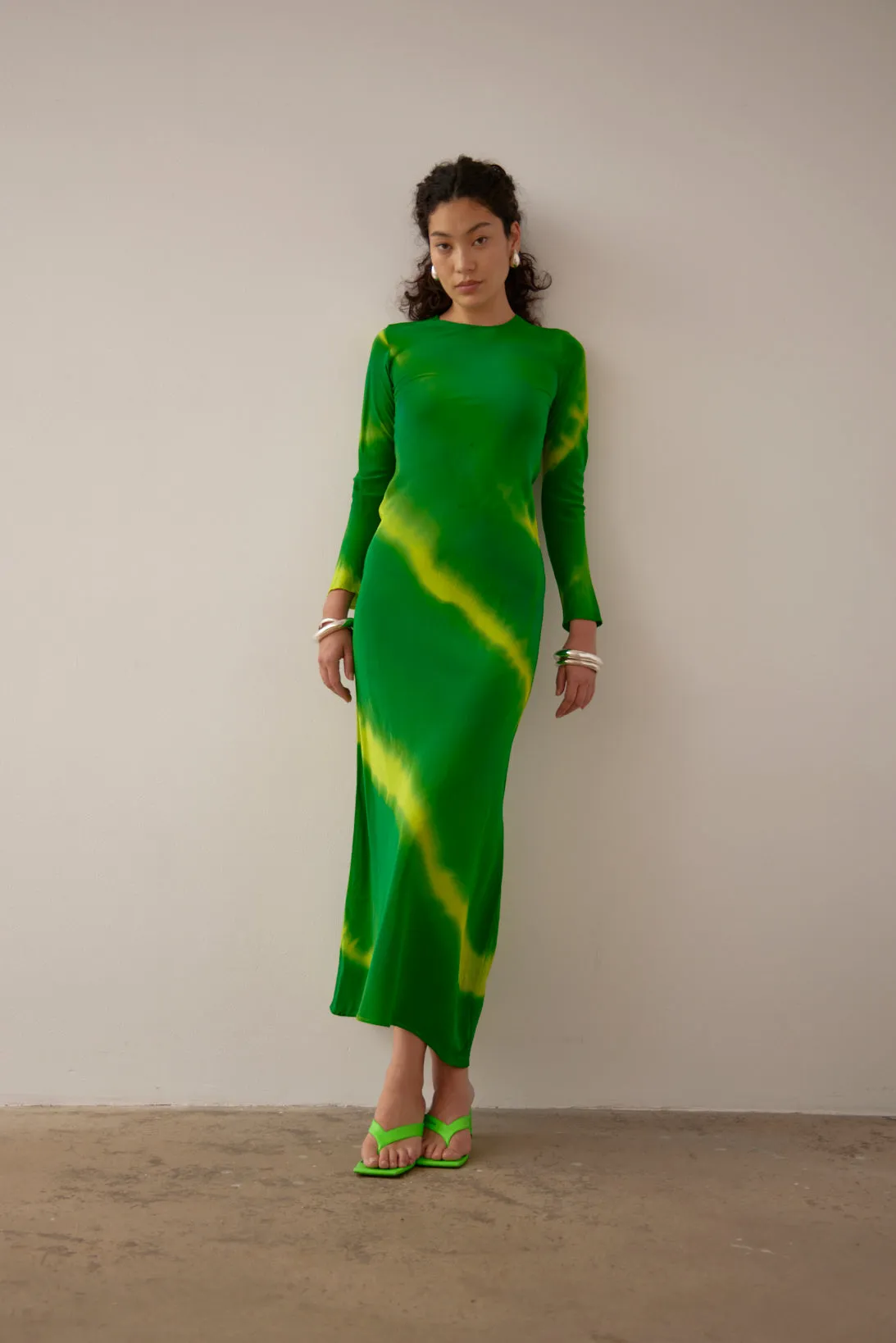 LEONG LONG SLEEVE DRESS- GREEN HAND PAINTED SILK SATIN