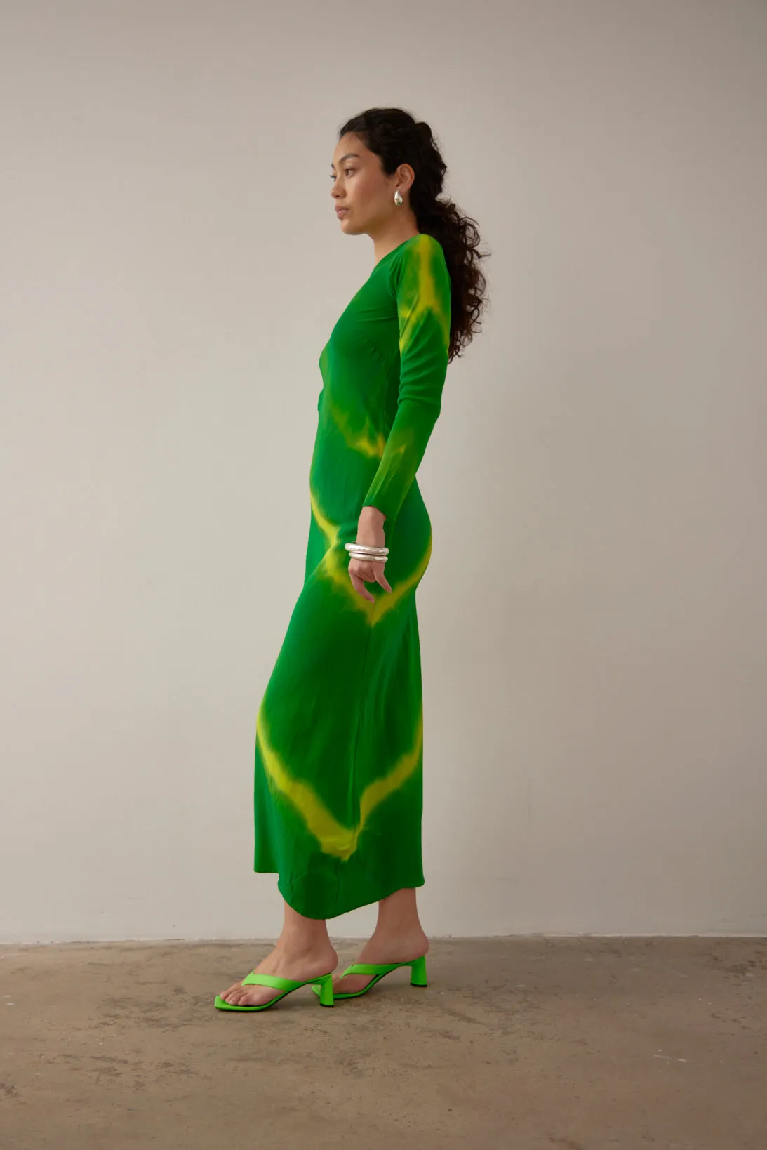 LEONG LONG SLEEVE DRESS- GREEN HAND PAINTED SILK SATIN