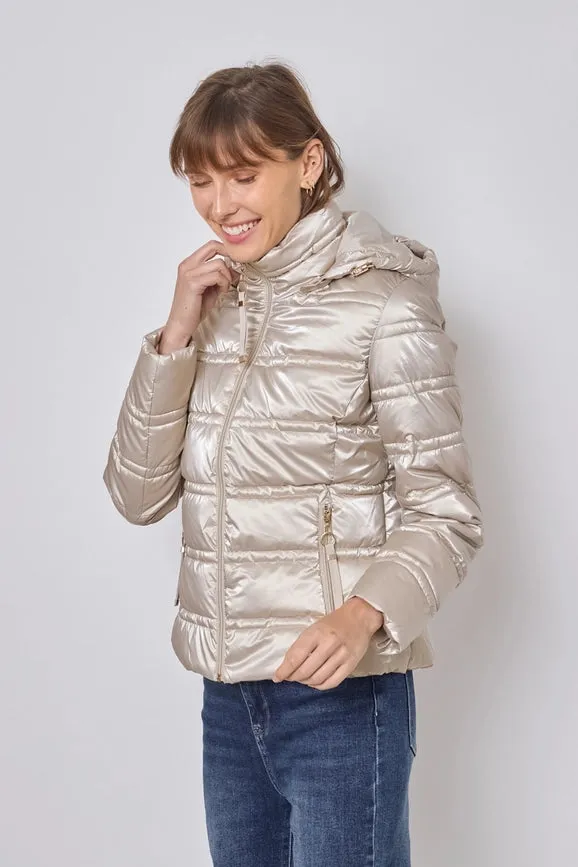 Light and Shiny Down Jacket with hood BEIGE