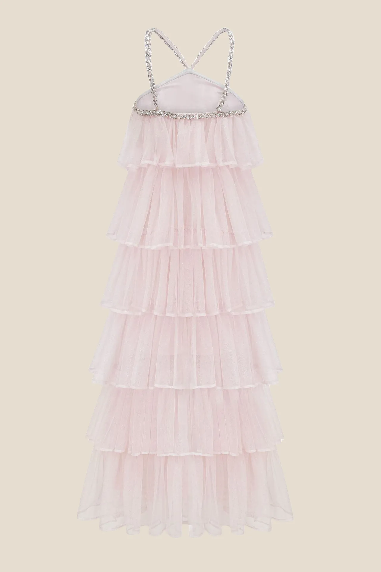 Light Pink Tiered A-line Long Dress with Diamonds